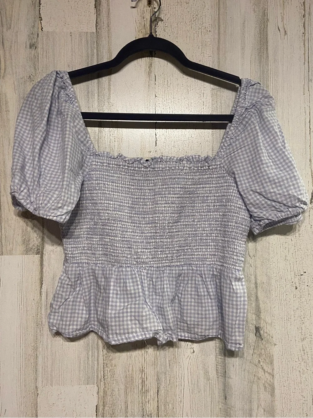 J.Crew Squareneck Smocked Purple Gingham Cotton Puff Sleeve Blouse Medium
